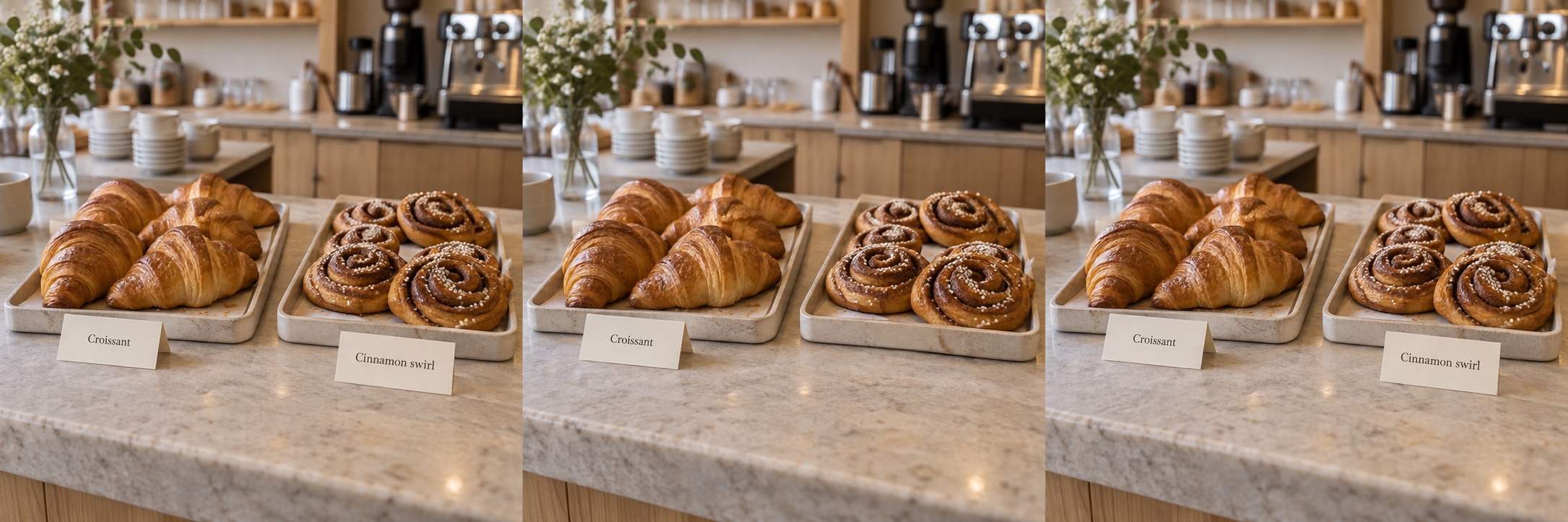 Reference café counter with croissants and cinnamon swirls, both with labels